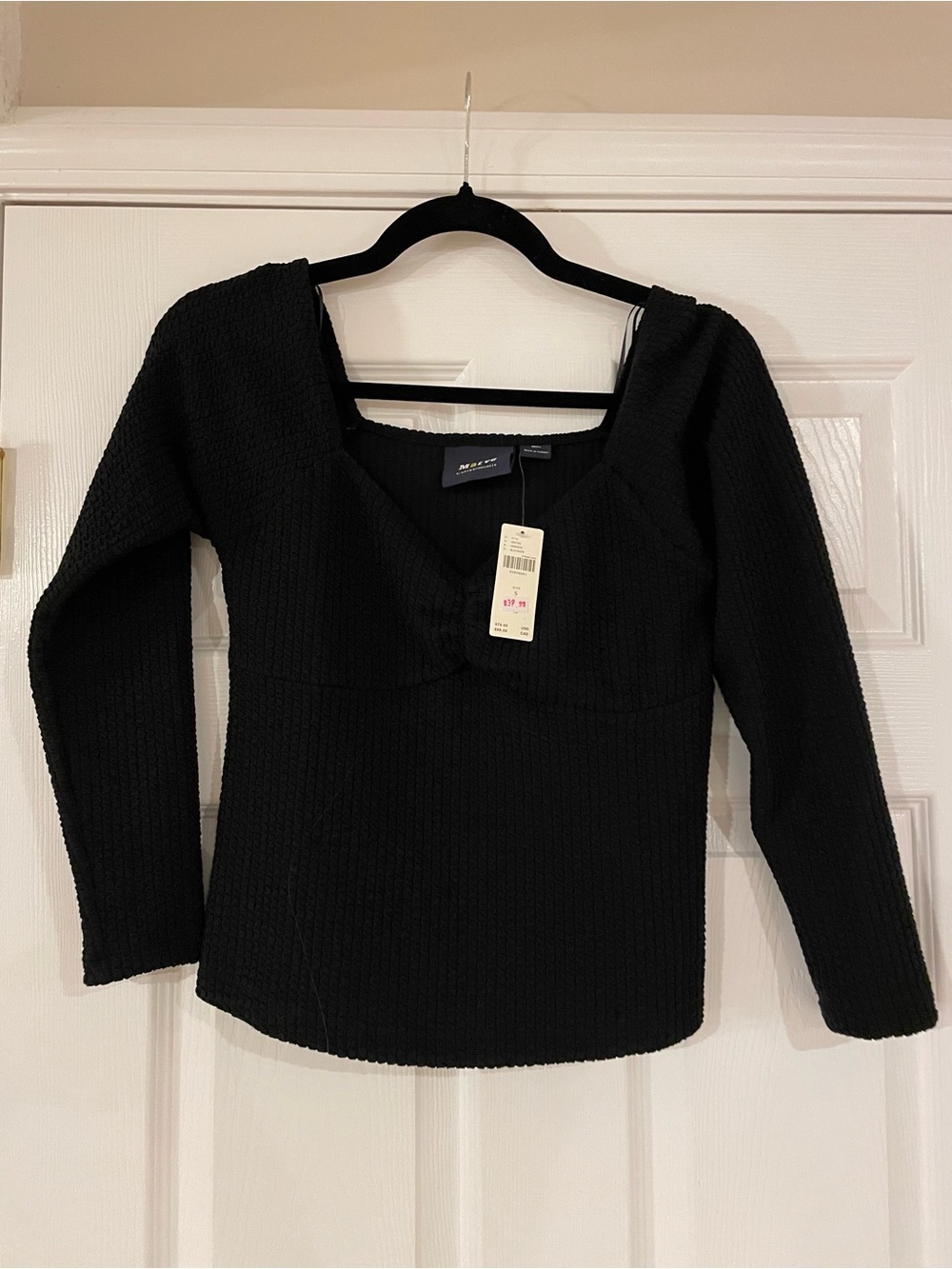 Black Long-Sleeve Textured Square-Neck Top - Maeve